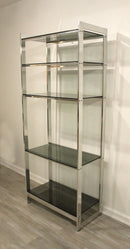 Baughman Style Brushed Steel & Smoked Glass Etagere Shelving Unit