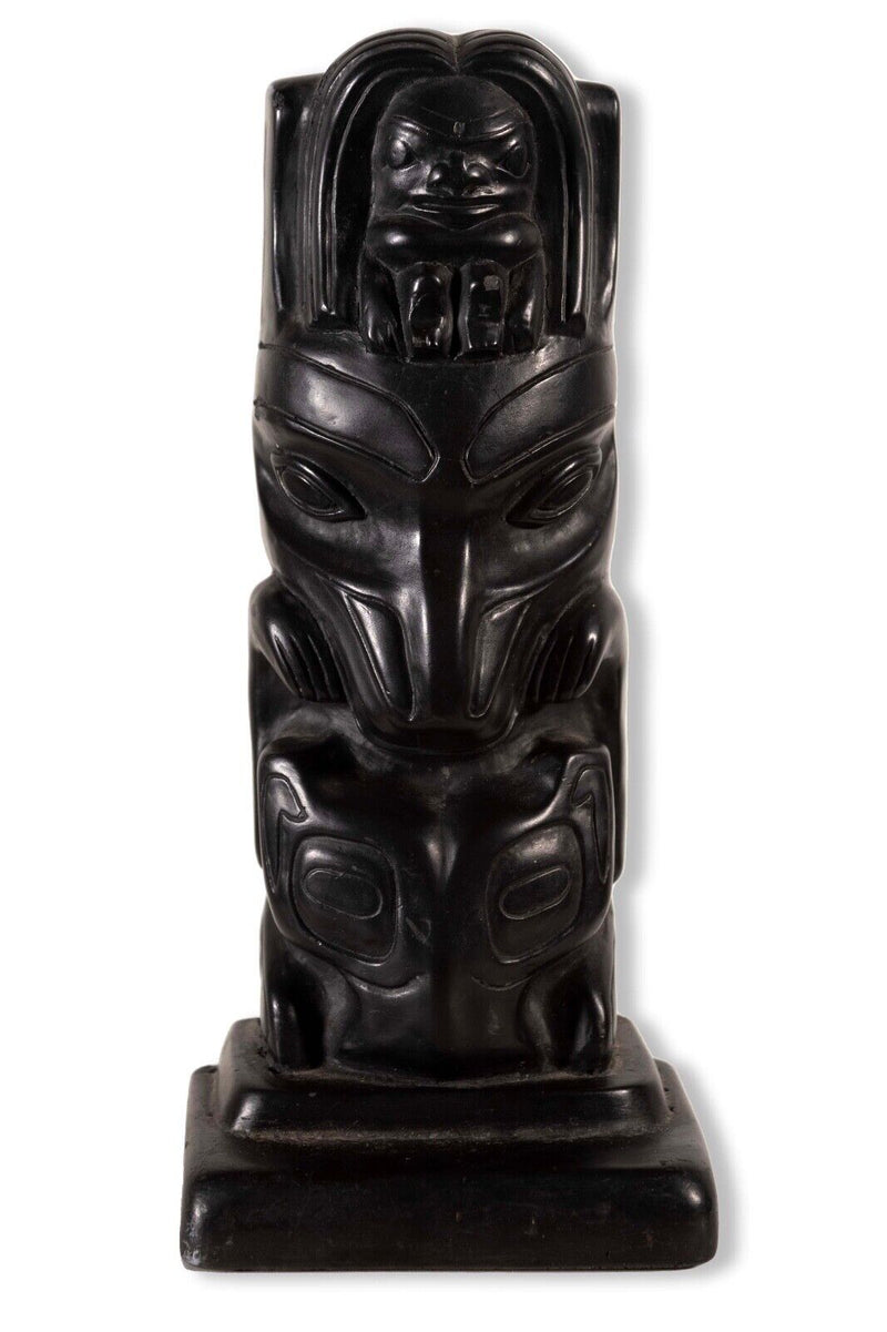 Vintage Tribal Canadian Stoneware Totem Statue with Carved Figures Sculpture