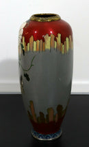 Vintage Signed Red and Gray Enameled Cloisonne Vase with Koi Fish