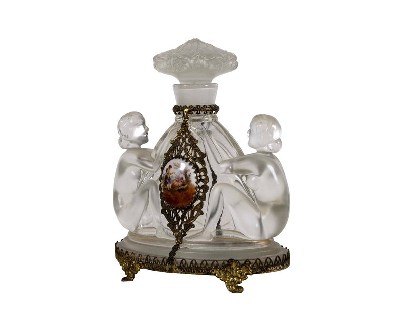 Josef Inwald Czech Art Deco Glass Perfume Bottle Nude Porcelain Plaque 30s
