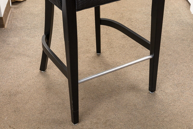 Contemporary Modern Pair of Woven Black Leather and Wood Bar Height Barstools