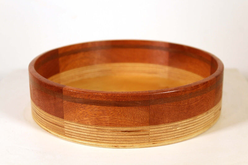 Mid Century Modern Mahogany, Walnut, & Plywood Design Bowl 8.5 Signed by Artist