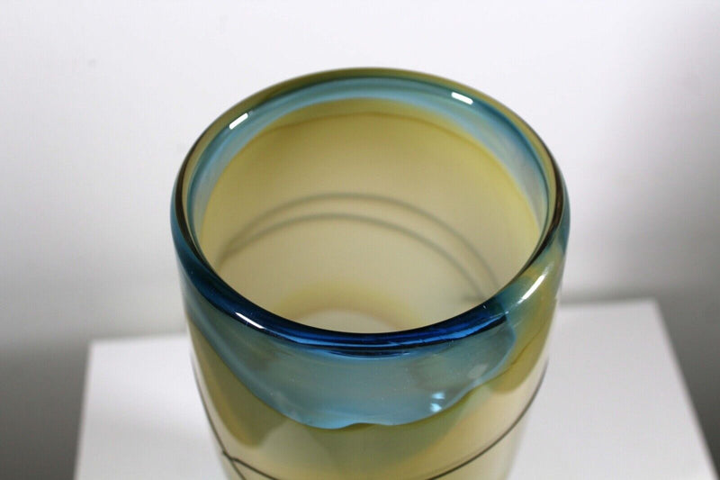 Jack Schmidt Postmodern Studio Handblown Glass Yellow and Blue Vase 1986