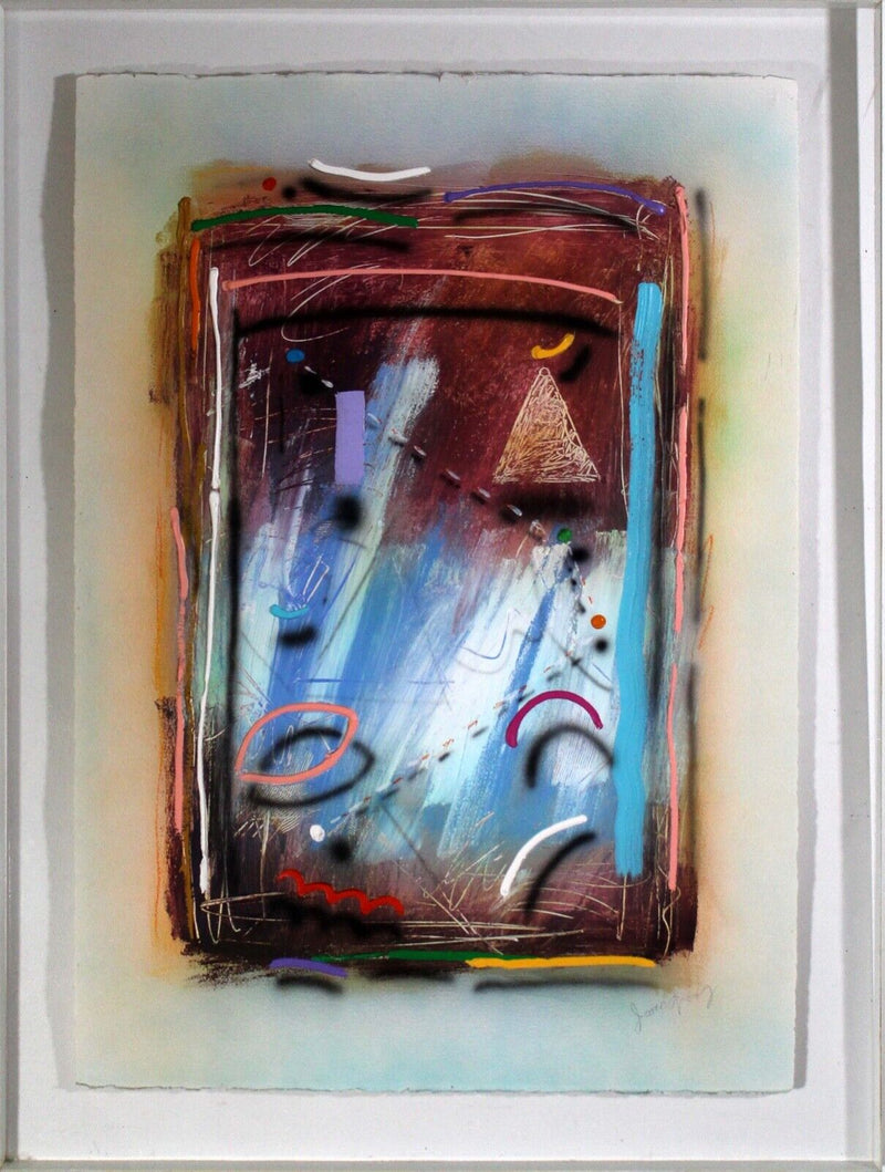 James Groody Neon Talks Abstract Acrylic Mixed Media Painting on Paper Framed
