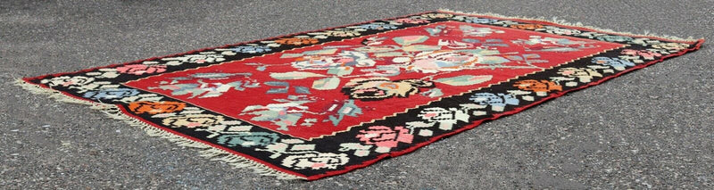 Mid Century Modern Kilim Wool Area Rug Red Hand Made in Turkey Floral Pattern