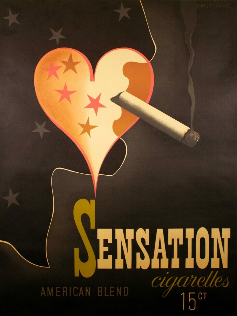 A.M. Cassandre Sensation Cigarettes 1939 Vintage Lithograph Art Deco Poster