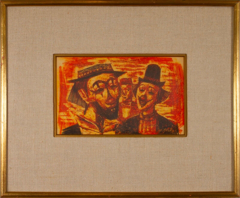Benjamin Glicker Signed Mid Century Modern 2 Clowns Drawing on Paper Framed 60s