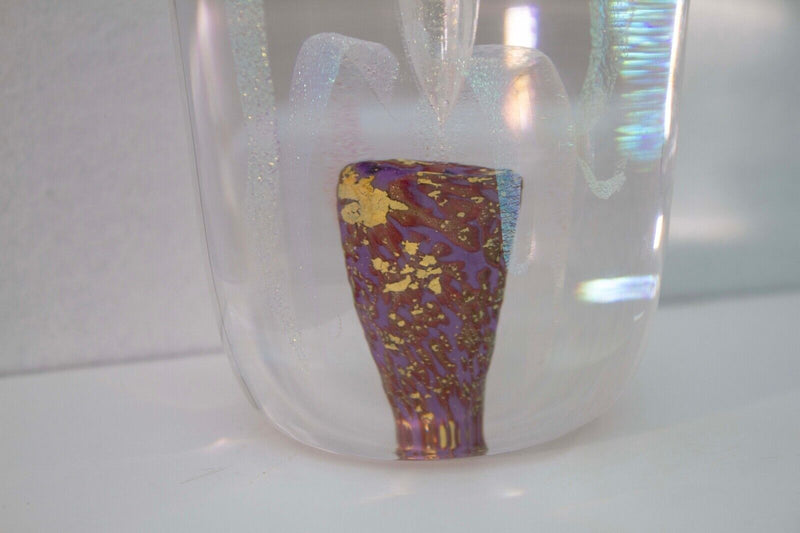 Collette Fortin Signed Iridescent Pink and Purple Floral Design Studio Art Glass