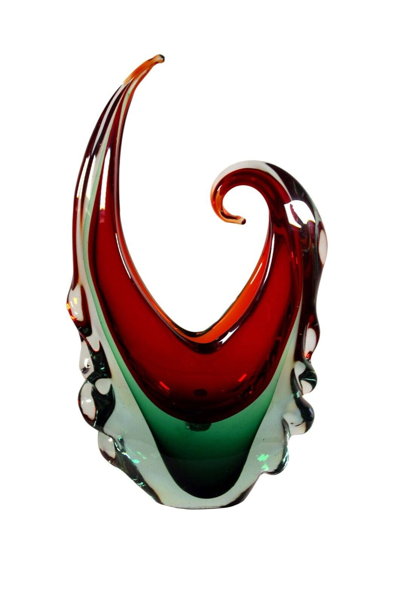 Modern Murano Handblown Glass Green and Red Abstracted Sculpture
