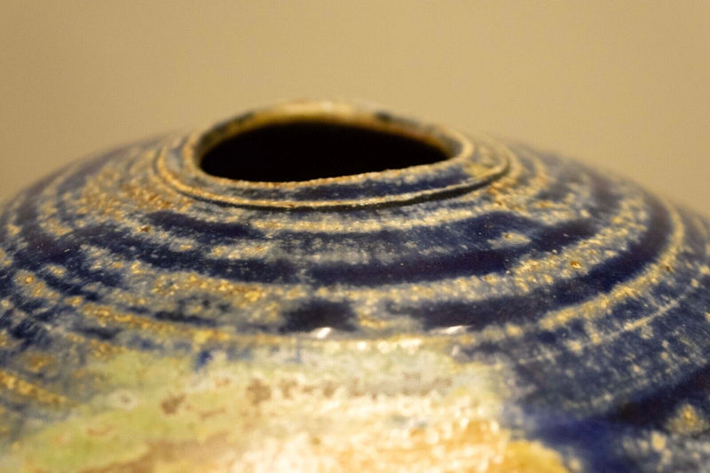 Mid Century Modern Glazed Studio Pottery Vessel Cobalt Blue with Earth Tones