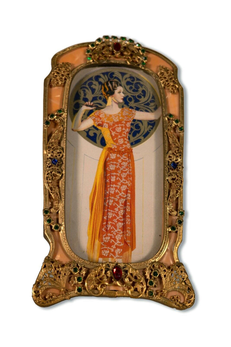 Antique Art Nouveau Deco Vanity Makeup Set Ornate Bronze Inlaid Colored Stones