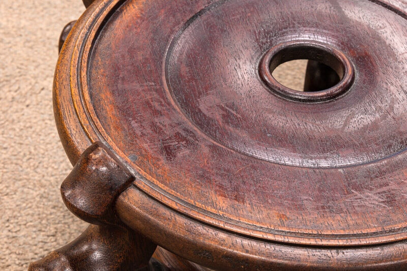 Pair of Modern Asian Urn Floor Ceramic Vases Black Glaze on Ornate Wooden Stands