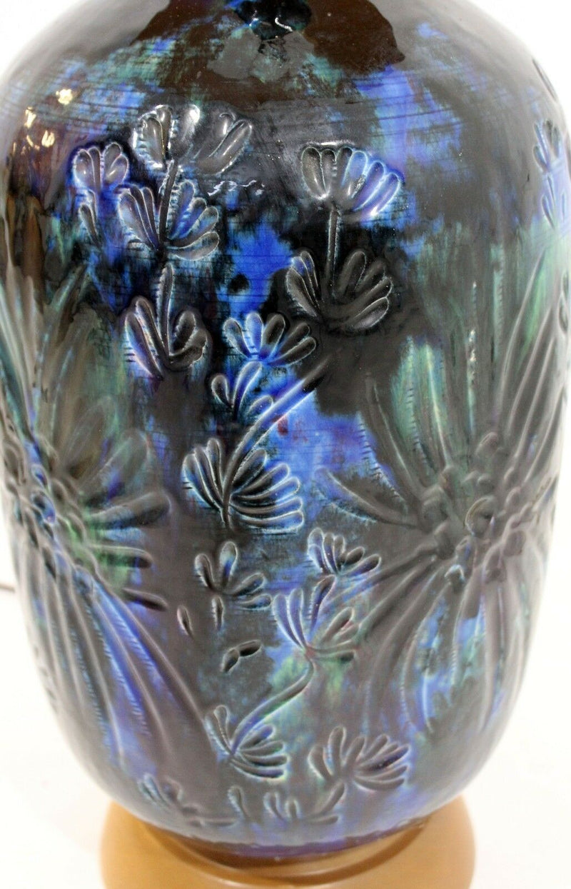 Mid Century Modern Blue Ceramic Fantoni Style Table Lamp w Original Shade Finial