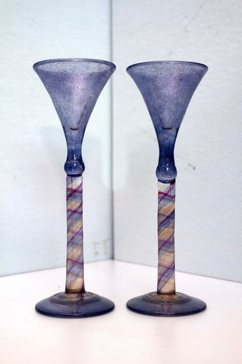 Eva Cully Signed Pair Blue Alsace Glasses Art Studio Glass V and VI with Swirled