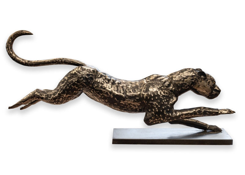Mid Century Modern Brutalist Sprinting Black Metal Cheetah Sculpture On Base