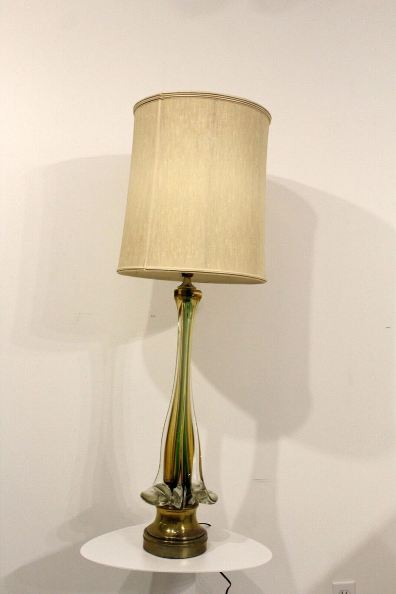 Vintage Mid Century Modern Italian Murano Tall Glass Table Lamp w Brass Base
