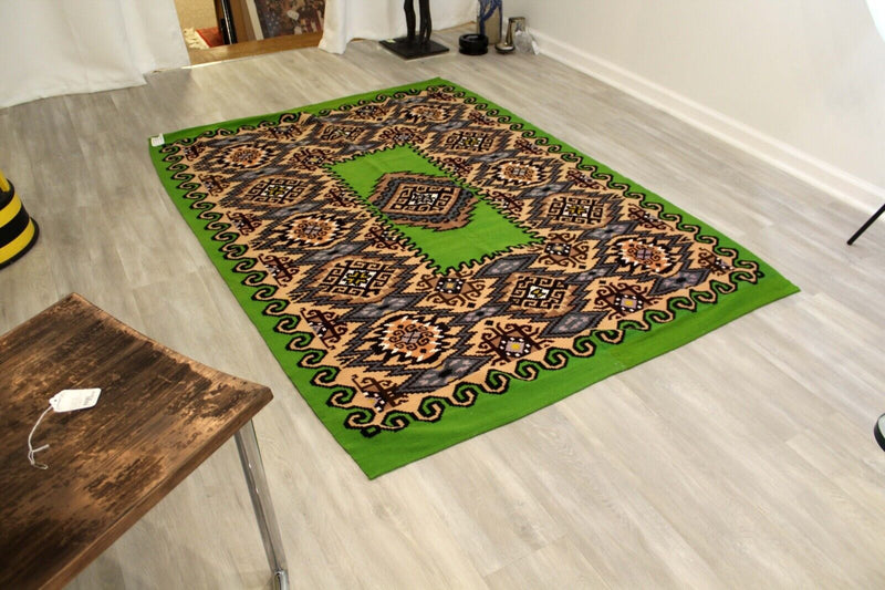 Mid Century Modern Hand Knotted Green and Brown Rug