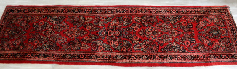 Mid Century Oriental Hand Knotted Wool Runner Rug Red Long 32.5" x 124"