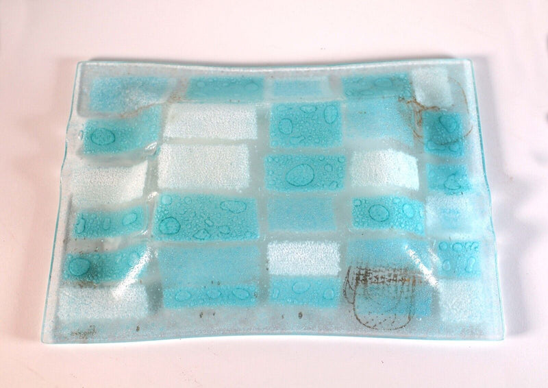 Mid Century Modern Higgins Fused Art Glass Tray Baby Blue, White, and Gold