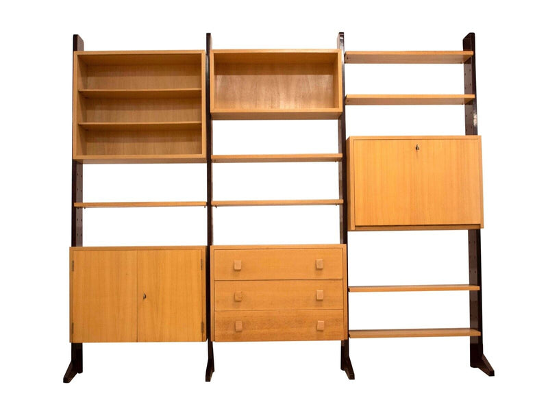 3 Bay Modular Wall Unit Bookshelf w Cabinets Free Standing Mid Century Modern