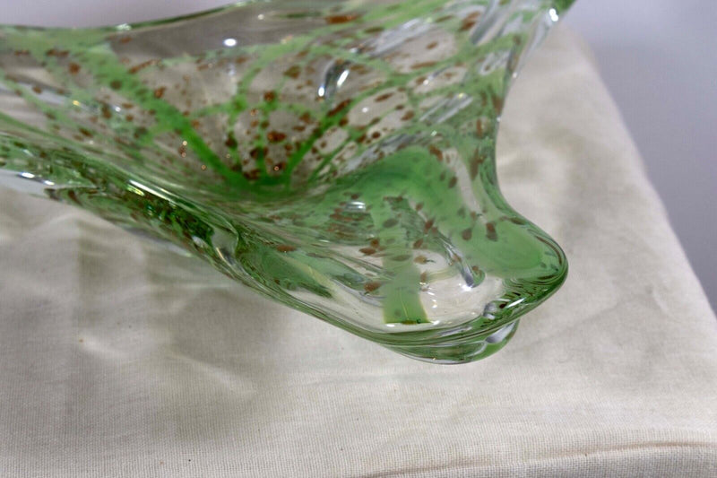 Vintage Murano Clear and Green with Gold Speckles Freeform Art Glass Bowl