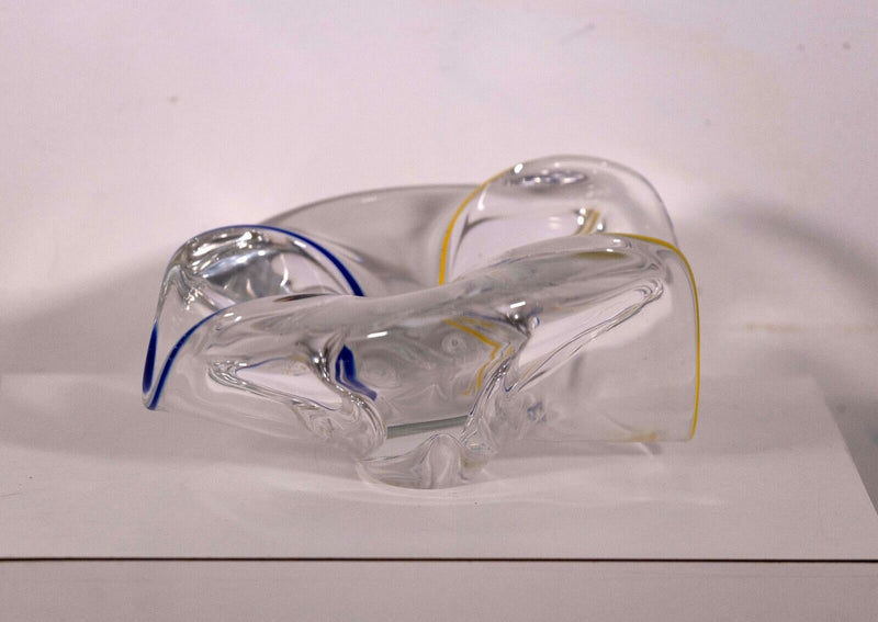 Frantisek Zemek Signed Blue and Yellow Abstract Glass Sculpture with Dual Bowls