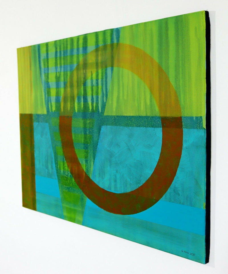 Modernist Gunda Hass Signed Acrylic Painting on Canvas Turquoise Orange 2020