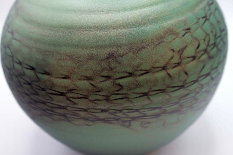 Contemporary Green Iridescent Studio Painted Textured Art Glass Vessel Signed