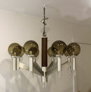 Large Mid Century Modern Smoked Glass & Metal & Walnut Chandelier Sonneman Style