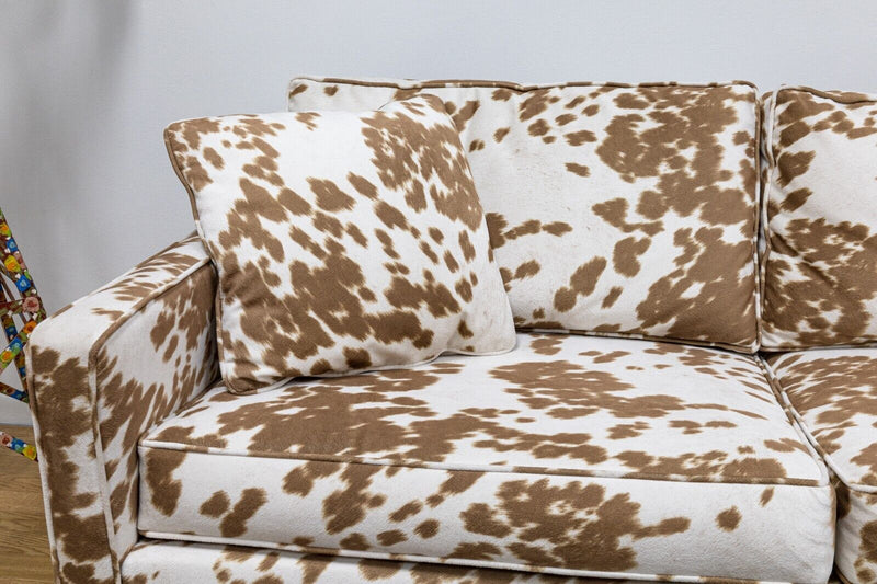 Milo Baughman Style Directional Sofa with Cow Print Fabric and Wooden Legs