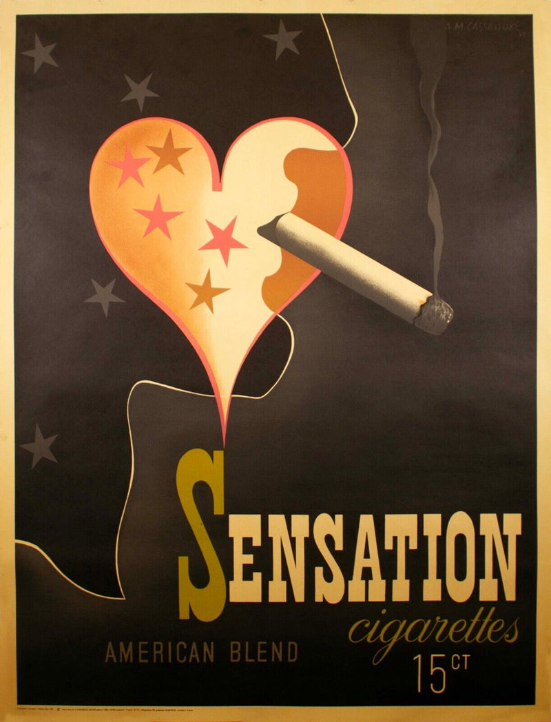 A.M. Cassandre Sensation Cigarettes 1939 Vintage Lithograph Art Deco Poster