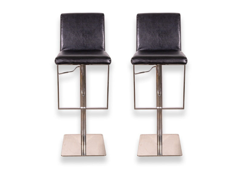 Pair of Contemporary Modern Chrome and Black Leather Barstools Adjustable Height
