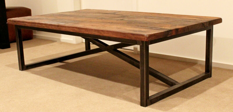 Contemporary Modernist Industrial Low Rectangular Drift Wood Metal Coffee Table