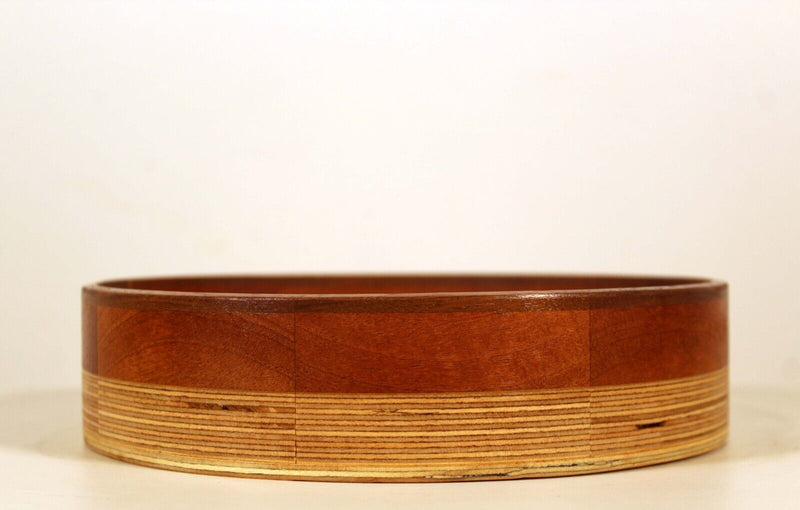 Mid Century Modern Mahogany, Walnut, and Plywood Design Bowl 8" Signed by Artist