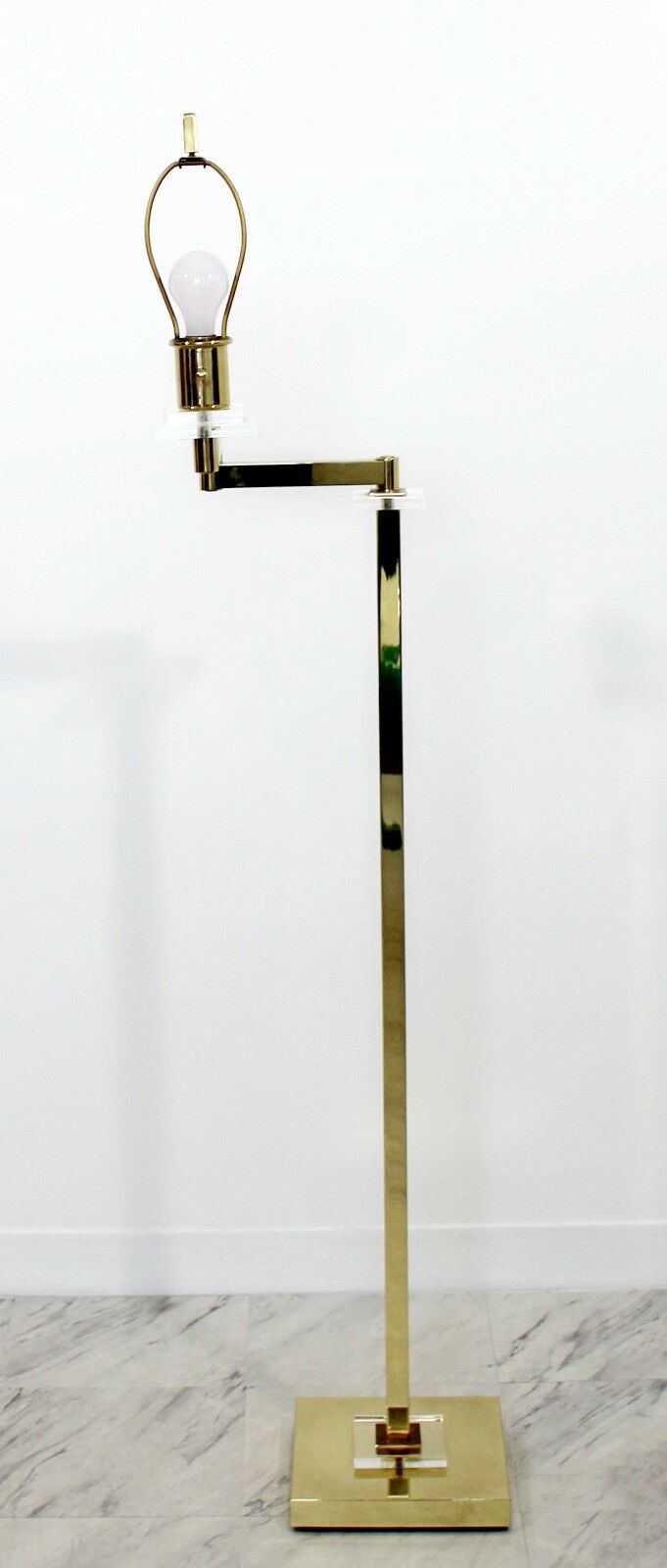 Mid Century Modern Lucite & Brass Swing Arm Articulating Floor Lamp 1970s
