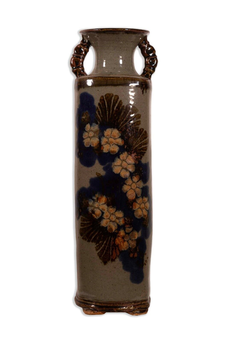 Tall Glazed Pottery Decorative Floral Floor Double Handle Multicolor Vase
