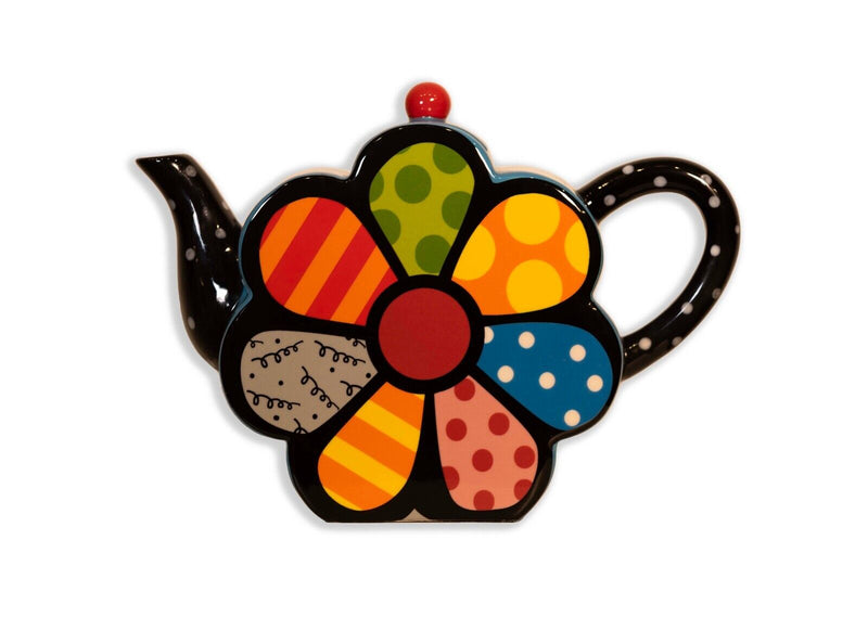 Romero Britto Large Pop Art with Mixed Patterns Flower Ceramic Teapot