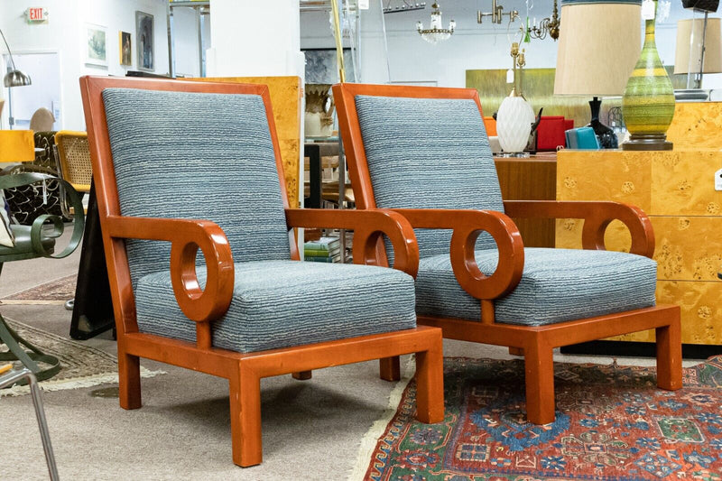 Pair of Custom Made Art Deco Style Mahogany Wood Arm Chairs