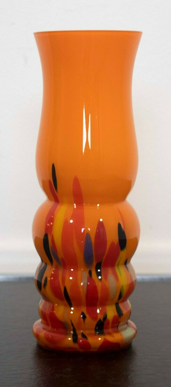 Czech Glass Orange Vase with Blue & Yellow Designs