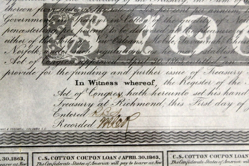 Confederate States America $1000 Cotton Bond 1863