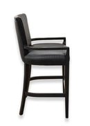Contemporary Modern Pair of Woven Black Leather and Wood Bar Height Barstools