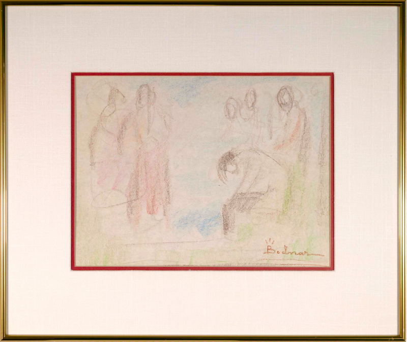 Bertalan Bodnar Signed Figurative Expressionist Colored Pencil Drawing on Paper