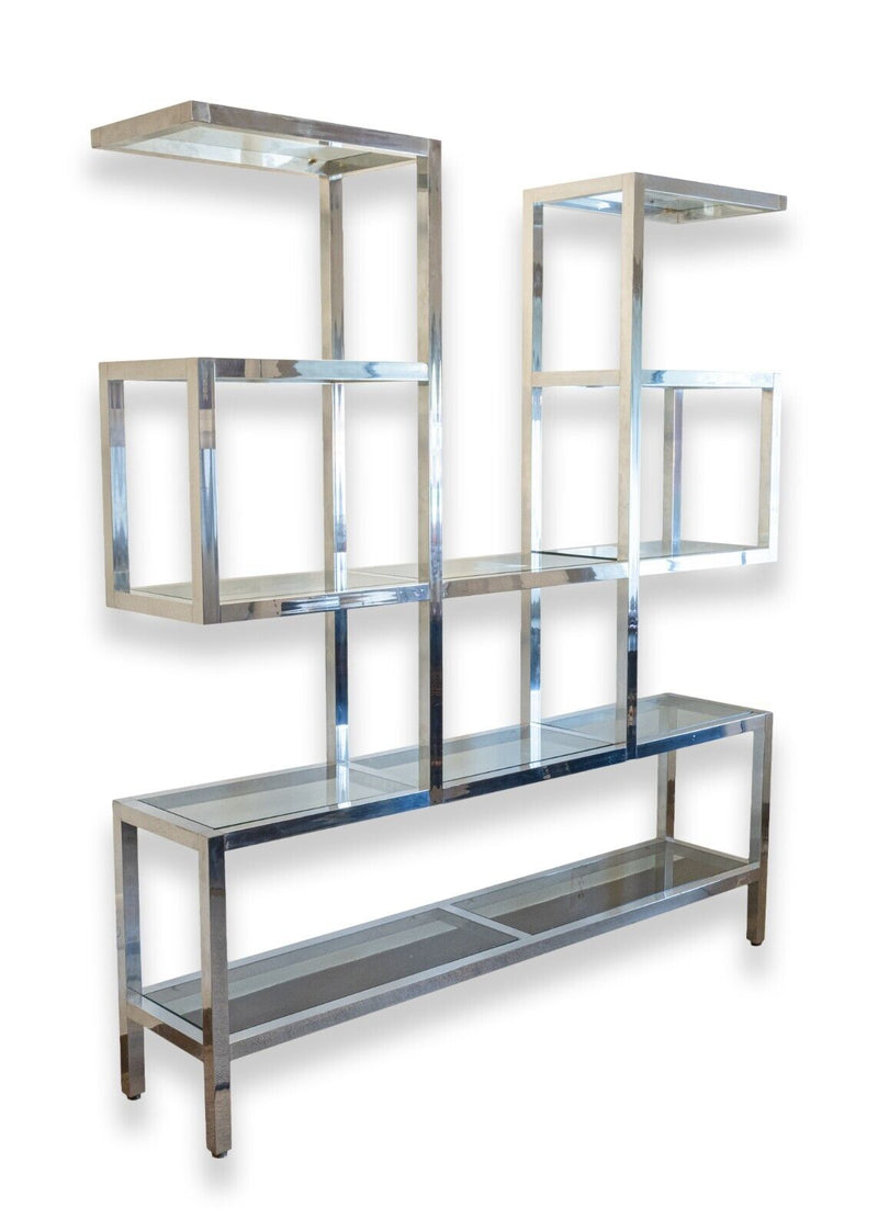 Milo Baughman Style Large Chrome and Glass Floating Etagere Shelving Wall Unit