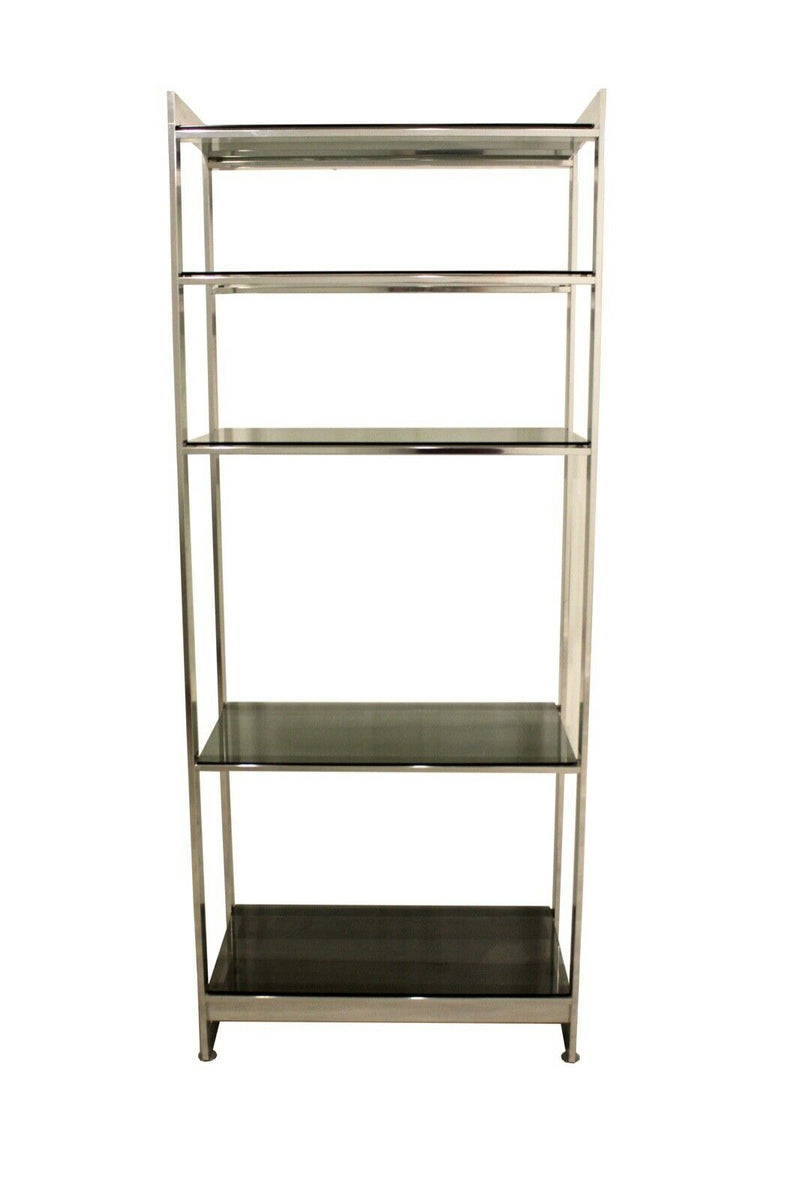Baughman Style Brushed Steel & Smoked Glass Etagere Shelving Unit