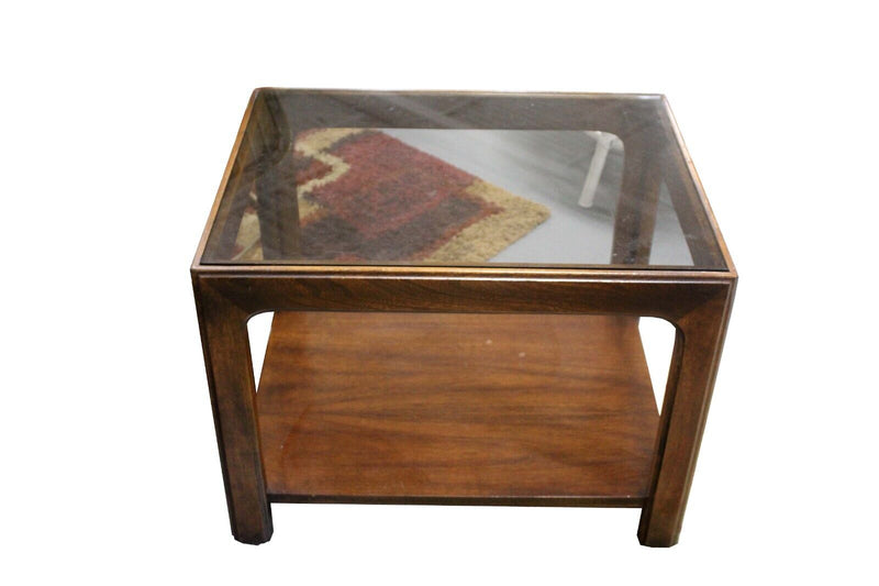Vintage Mid Century Modern Brown Saltman Walnut Side End Table w Glass Top