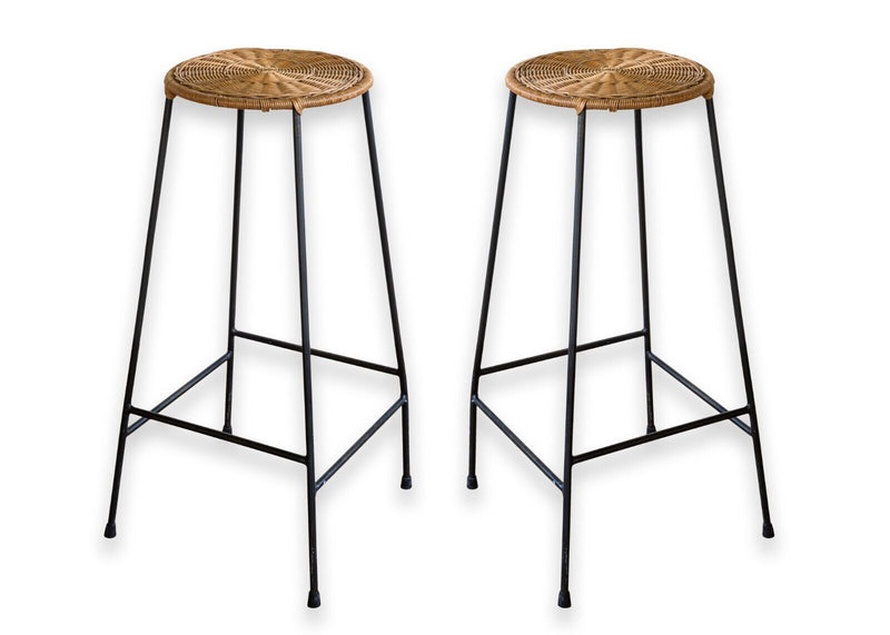 Pair of French Mid Century Modern Wicker Black Iron Barstools