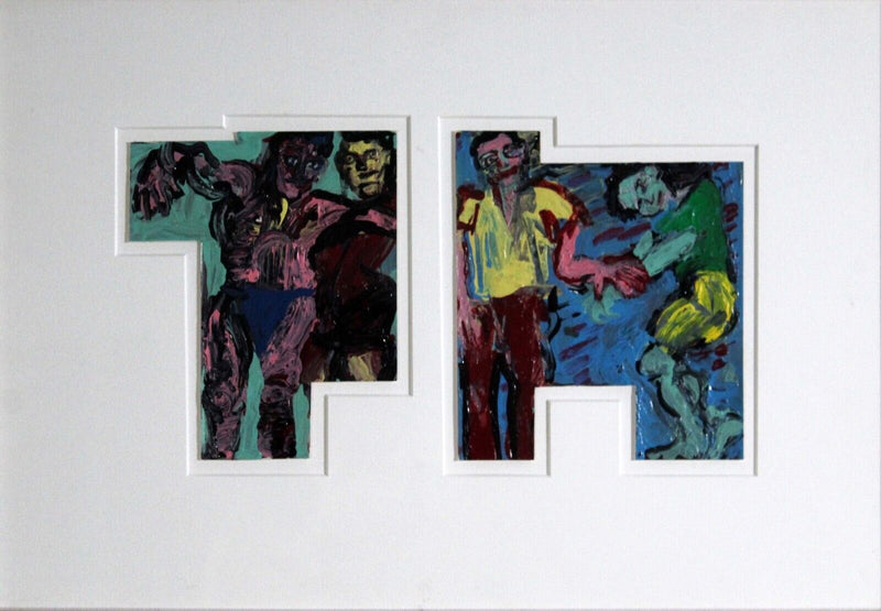 Modern Figurative Acrylic Painting on Paper in the Style of Egon Schiele Framed