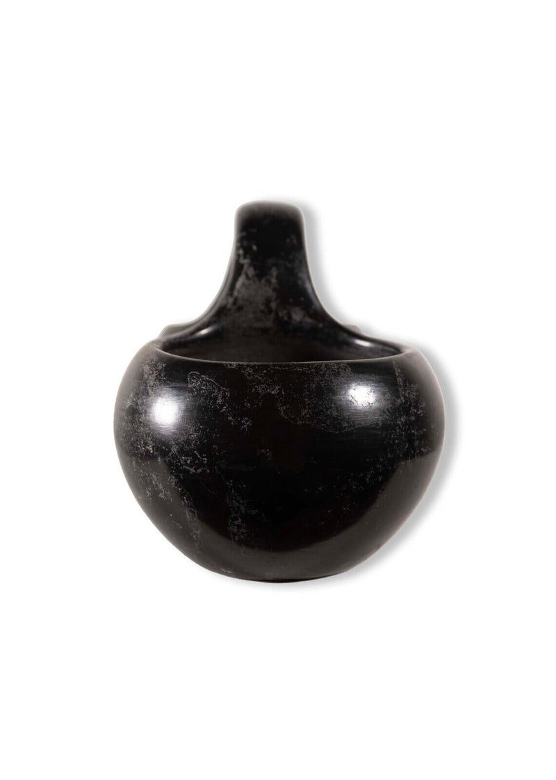 Santa Clara Pueblo Legoria Tafoya Signed Blackware Handled Double Bowl 1960s