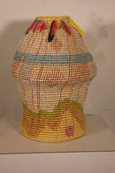 Katherine Westphal Big Sky Signed Raffia Woven Basket w/ Feather Accents 1994