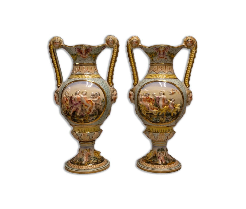 Antique Capodimonte Pair Ornate Classical Design Porcelain Vessels 2090 Italy